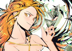 Rule 34 | 1girl, artist name, bare shoulders, earrings, eyelashes, happy, highres, jewelry, long hair, looking at viewer, money, mygiorni, nami (one piece), one piece, orange eyes, orange hair, simple background, smile, solo, twitter username, wavy hair, white background