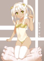 Rule 34 | 1girl, :p, dated, flat chest, horns, long hair, looking at viewer, smile, solo, tan, tanline, thighhighs, tongue, tongue out, twintails, white thighhighs, yuukyuu ponzu