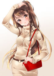 Rule 34 | 1girl, arm up, bag, belt, black hair, blush, breasts, brown eyes, closed mouth, commentary request, cowboy shot, dress, gradient background, head tilt, jewelry, kawanobe, long hair, long sleeves, looking at viewer, medium breasts, necklace, original, ribbed sweater, shoulder bag, simple background, solo, sweater, sweater dress, turtleneck, turtleneck sweater, very long hair, white sweater