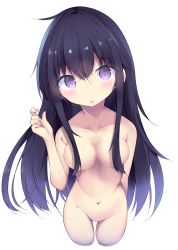 Rule 34 | 1girl, :o, absurdres, black hair, blush, breasts, collarbone, cowboy shot, cropped legs, fingernails, groin, hair between eyes, hair censor, hair over breasts, hand up, head tilt, highres, kyuukon (qkonsan), long hair, looking at viewer, medium breasts, navel, no pussy, nude, original, parted lips, purple eyes, simple background, solo, very long hair, white background