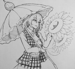 Rule 34 | 1girl, ascot, collared shirt, commentary, flower, greyscale, highres, holding, holding umbrella, kanaria (bocmn), kazami yuuka, long sleeves, monochrome, one-hour drawing challenge, parted lips, plaid, plaid skirt, plaid vest, shirt, short hair, simple background, sketch, skirt, solo, sunflower, touhou, traditional media, umbrella, vest