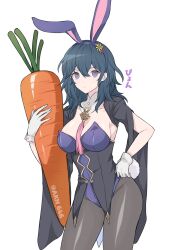 Rule 34 | 1girl, alternate costume, animal ears, black pantyhose, blue hair, breasts, byleth (female) (fire emblem), byleth (fire emblem), carrot, cleavage, cowboy shot, detached sleeves, fake animal ears, fake tail, fire emblem, fire emblem: three houses, gloves, groin, hair between eyes, hand on own hip, hand up, highres, holding, large breasts, leotard, long hair, looking at viewer, nintendo, pantyhose, playboy bunny, purple eyes, rabbit ears, rabbit tail, shimizu akina, simple background, solo, standing, strapless, strapless leotard, tail, thighs, translated, twitter, white background