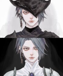 Rule 34 | 1girl, androgynous, black background, black headwear, ear piercing, earrings, expressionless, final fantasy, final fantasy xiv, grey eyes, grey hair, hat, hat over one eye, high collar, highres, jewelry, looking at viewer, multiple views, one eye covered, oyatsuredgray, piercing, portrait, reaper (final fantasy), reverse trap, short hair, simple background, straight-on, tricorne, white background, zero (ff14)