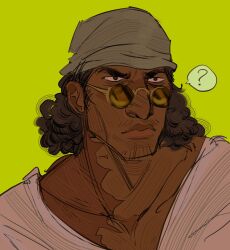 Rule 34 | 1boy, bara, beanie, big nose, brown glasses, chin stubble, curly hair, dark-skinned male, dark skin, dentdechieng, facial hair, facing to the side, fluffy hair, green background, hat, highres, kuzan (aokiji), male focus, mustache stubble, one piece, open clothes, open shirt, scar on shoulder, shirt, stubble, thick eyebrows, white shirt