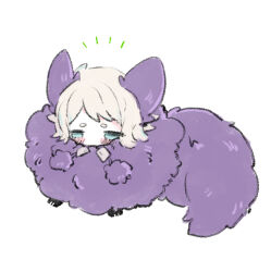 Rule 34 | 1girl, animal ears, blue eyes, blush, chibi, coat, e.g.o (project moon), faust (project moon), fluffy, limbus company, pom pom (clothes), project moon, purple coat, short hair, simple background, solo, uchimura (rino0525), white background, white hair, wolf ears