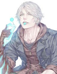 Rule 34 | 1boy, blue eyes, blue jacket, blue tongue, candy, colored tongue, devil bringer, devil may cry (series), food, half-closed eyes, highres, holding, holding candy, holding food, hood, hood down, hoodie, jacket, looking at viewer, male focus, nero (devil may cry), open clothes, open jacket, red hoodie, short hair, simple background, solo, talgi, tongue, tongue out, upper body, white background, white hair