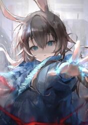 Rule 34 | 1girl, :o, amiya (arknights), animal ears, arknights, bands, blue coat, blue eyes, blurry, blurry foreground, brown hair, coat, depth of field, empty eyes, english text, female focus, floating hair, hair between eyes, highres, hisiya (wldn1112), long hair, long sleeves, looking at viewer, open clothes, open coat, open hand, parted lips, rabbit ears, rabbit girl, reaching, reaching towards viewer, red lightning, sidelocks, solo, upper body, watercolor effect