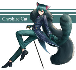 Rule 34 | 1boy, alice in wonderland, animal ears, black hair, blush, cane, cat ears, cat tail, character name, cheshire cat (alice in wonderland), claws, closed mouth, looking at viewer, male focus, pants, red eyes, seungju lee, short hair, smile, solo, tail