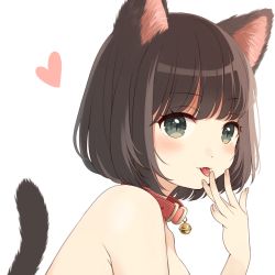 Rule 34 | 1girl, animal ears, bell, blush, bob cut, brown hair, cat ears, cat tail, collar, face, fang, green eyes, heart, licking, licking finger, neck bell, nude, original, short hair, simple background, slit pupils, solo, tail, tongue, uramakaron, white background