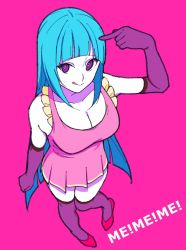 Rule 34 | 1girl, blue hair, boots, breasts, cleavage, dress, elbow gloves, frills, gloves, highres, kashiwa (iersansi), licking lips, long hair, looking at viewer, magenta background, me!me!me!, meme (me!me!me!), pink background, pointing, pointing at self, purple eyes, sidelocks, thighhighs, tongue, tongue out