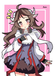 Rule 34 | 1girl, :o, absurdres, animal ears, arknights, black gloves, blush, brown eyes, brown hair, commentary request, dress, eyjafjalla (arknights), fingerless gloves, gloves, grey dress, hand up, head tilt, hendra, highres, horns, long hair, long sleeves, looking at viewer, notice lines, one-hour drawing challenge, parted lips, pink background, puffy long sleeves, puffy sleeves, respirator, sheep ears, sheep girl, sheep horns, signature, solo, two-tone background, very long hair, white background