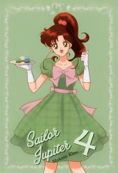 Rule 34 | 1990s (style), 1girl, back bow, bishoujo senshi sailor moon, bow, character name, dress, earrings, feet out of frame, flower, gloves, green dress, green eyes, green theme, hair flower, hair ornament, high ponytail, holding, holding plate, jewelry, jupiter symbol, kino makoto, long hair, looking at viewer, official art, open mouth, plate, puffy short sleeves, puffy sleeves, red hair, retro artstyle, short sleeves, solo, thumbs up, white gloves