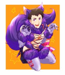 Rule 34 | 10s, 1boy, abs, animal ears, bad id, bad pixiv id, brown hair, claw pose, claws, cosplay, crossdressing, elbow gloves, fate/grand order, fate (series), fur-trimmed gloves, fur-trimmed legwear, fur collar, fur trim, gloves, halloween costume, idolmaster, idolmaster side-m, kneeling, koma saburou, lace, lace-trimmed legwear, lace trim, looking at viewer, male focus, mash kyrielight, mash kyrielight (dangerous beast), mash kyrielight (dangerous beast) (cosplay), o-ring, o-ring top, official alternate costume, orange background, purple gloves, purple legwear, revealing clothes, shingen seiji, simple background, smile, tail, wolf ears, wolf tail