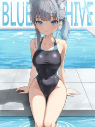 Rule 34 | 1girl, absurdres, animal ear fluff, animal ears, bananafish1111, blue archive, blue eyes, breasts, closed mouth, covered navel, cross hair ornament, grey hair, hair ornament, highleg, highleg swimsuit, highres, medium breasts, official alternate costume, one-piece swimsuit, pool, shiroko (blue archive), shiroko (swimsuit) (blue archive), side ponytail, sitting, smile, soaking feet, solo, swimsuit, thighs, water, wide hips, wolf ears