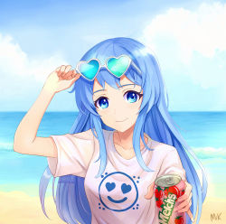 Rule 34 | 1girl, beach, blue eyes, blue hair, blush, brand name imitation, breasts, closed mouth, collarbone, day, eyewear on head, heart, heart-shaped eyewear, highres, long hair, looking at viewer, medium breasts, mikmix, ocean, original, outdoors, signature, smile, solo, summer, sunglasses