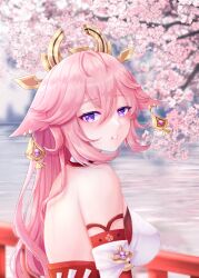 Rule 34 | 1girl, animal ears, artist name, bare shoulders, breasts, cherry blossoms, commentary, crossed bangs, detached sleeves, floppy ears, fox ears, genshin impact, long hair, looking at viewer, medium breasts, nontraditional miko, parted lips, pink hair, pochaimo, purple eyes, solo, upper body, yae miko