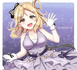 Rule 34 | 1girl, artist name, artist request, back bow, bare legs, bare shoulders, black bow, blonde hair, blush, bow, braid, breasts, brown eyes, cleavage, collarbone, crown braid, dress, earrings, female focus, gloves, hair bow, hair rings, hand wave, highres, holding, holding clothes, holding skirt, hop? stop? nonstop!, jewelry, looking at viewer, love live!, love live! school idol festival, love live! sunshine!!, medium breasts, o-ring dress, ohara mari, parted lips, purple bow, purple dress, purple skirt, short hair, skirt, smile, solo, striped, striped bow, takashina taaa, tousou meisou mobius loop, white gloves, yellow eyes