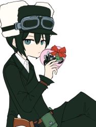 Rule 34 | 1girl, belt, black hair, buttons, closed mouth, collared shirt, double-breasted, expressionless, flat color, formal, from side, goggles, goggles on headwear, gun, hat, heart, holstered, kino (kino no tabi), kino no tabi, looking at viewer, motor vehicle, motorcycle, ptcl, reverse trap, shirt, short hair, sitting, suit, valentine, weapon