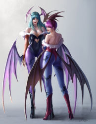 Rule 34 | 2girls, :d, :q, absurdres, age difference, animal print, aqua eyes, aqua hair, ass, back, backless outfit, bare shoulders, bat print, bat wings, black footwear, black leotard, blue pantyhose, boots, breasts, bridal gauntlets, cleavage, clothing cutout, covered navel, demon girl, floating hair, from behind, full body, fur trim, gradient background, grey background, hair between eyes, head wings, heart cutout, high heel boots, high heels, highleg, highleg leotard, highres, hip focus, holding own arm, large breasts, legs apart, leotard, licking lips, lilith aensland, lipstick, long hair, looking at viewer, looking back, low wings, makeup, morrigan aensland, multiple girls, naughty face, navel cutout, one eye closed, open mouth, pantyhose, parted bangs, parted lips, print legwear, purple hair, purple legwear, realistic, red eyes, red footwear, red leotard, red lips, shadow, short hair, siblings, signature, sisters, smile, standing, stiletto heels, taekwon kim, tongue, tongue out, transparent, vampire (game), wings