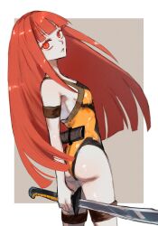 Rule 34 | 1girl, 22zun, android, arm strap, ass, black one-piece swimsuit, blunt bangs, blunt ends, breasts, competition swimsuit, expressionless, from behind, highres, holding, holding weapon, ladybird (toaru), long hair, looking at viewer, looking back, machete, one-piece swimsuit, orange one-piece swimsuit, red eyes, red hair, sheath, simple background, small breasts, solo, swimsuit, thigh strap, toaru majutsu no index, toaru majutsu no index: genesis testament, toaru majutsu no index: new testament, two-tone background, two-tone swimsuit, weapon