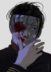 Rule 34 | 1boy, artist name, bandages, bandaged head, bandages, black eyes, black hair, black jacket, blood, blood on face, blood on hands, collar, collared jacket, commentary, eyepatch, facial hair, facial scar, goatee, golden kamuy, grey background, imperial japanese army, injury, jacket, long sleeves, looking at viewer, male focus, messy hair, military, military uniform, naruysae, nosebleed, ogata hyakunosuke, one eye covered, parted lips, scar, scar on cheek, scar on face, short hair, signature, simple background, smile, solo, stubble, uniform, upper body