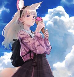 Rule 34 | 1girl, animal ears, backpack, bag, black hairband, blue sky, blush, brown skirt, cable knit, day, earrings, food, fox ears, grey hair, hairband, highres, holding, hololive, ice cream, jacket, jewelry, long hair, long sleeves, looking at viewer, luqosan, omaru polka, outdoors, parted lips, pink jacket, purple eyes, shirt, skirt, sky, solo, tail, virtual youtuber, white shirt