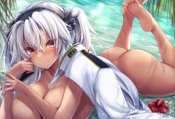 Rule 34 | 1girl, absurdres, areola slip, ass, beach, breasts, brown eyes, cleavage, dark-skinned female, dark skin, eyewear on head, feet, flower, glasses, grey hair, hand on own face, hibiscus, highres, huge breasts, jewelry, kantai collection, long hair, looking at viewer, lying, mashiro yukiya, musashi (kancolle), musashi kai ni (kancolle), naked shirt, nude, on stomach, palm leaf, ring, shirt, smile, solo, the pose, twintails, uniform, very long hair, wedding band
