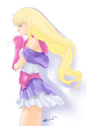 Rule 34 | 1girl, baiola, bare shoulders, blonde hair, bow, breasts, closed mouth, cosplay, cowboy shot, dress, elbow gloves, expressionless, from side, gloves, gradient background, green eyes, holding, layered dress, long hair, lynn minmay, lynn minmay (cosplay), macross, macross frontier, medium breasts, multicolored clothes, multicolored dress, own hands clasped, own hands together, pink bow, pink gloves, profile, sheryl nome, signature, simple background, solo, standing, thighs, very long hair, white background