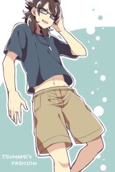 Rule 34 | 1boy, bespectacled, brown hair, english text, fudou akio, glasses, inazuma eleven (series), inazuma eleven go, jewelry, long hair, male focus, navel, necklace, open mouth, saku anna, solo