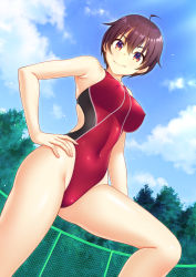 Rule 34 | 1girl, ahoge, blue sky, breasts, brown hair, chain-link fence, cloud, competition swimsuit, covered erect nipples, feet out of frame, fence, fisheye, hand on own hip, highres, kuri (kurigohan), large breasts, looking at viewer, multicolored clothes, multicolored swimsuit, one-piece swimsuit, original, red eyes, red one-piece swimsuit, short hair, sky, solo, swimsuit, tree