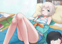 Rule 34 | 1girl, ;|, aoba moca, bang dream!, bare shoulders, barefoot, bed, bedroom, black hair, blue eyes, blue shorts, blue tank top, blush, bob cut, book, hugging book, bookshelf, breasts, carpet, character doll, closed mouth, coldcat., collarbone, commentary request, curtains, green jacket, grey hair, hair between eyes, highres, holding, holding book, holding pen, hood, hood down, hooded jacket, indoors, jacket, knees up, looking at viewer, lying, midriff peek, mitake ran, mixed-language commentary, multicolored hair, nesoberi, hugging object, off-shoulder jacket, off shoulder, on back, on bed, one eye closed, paper, pen, pen to chin, pillow, red hair, short hair, short shorts, shorts, small breasts, solo, streaked hair, striped tank top, table, tank top, typo, white tank top, wooden floor