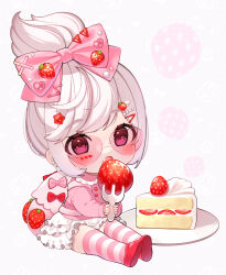 Rule 34 | 1girl, bow, cake, cake slice, chibi, chitetan, commentary request, eating, food, food-themed hair ornament, fork, frilled skirt, frills, fruit, full body, grey background, hair bow, hair ornament, hairclip, heart, heart-shaped eyewear, holding, holding fork, looking at viewer, original, pink-tinted eyewear, pink bow, pink shirt, plate, purple eyes, red footwear, shirt, shoe soles, shoes, simple background, sitting, skirt, solo, strawberry, strawberry hair ornament, striped clothes, striped thighhighs, thighhighs, tinted eyewear, white hair, white skirt