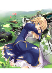 Rule 34 | 1girl, artoria pendragon (all), artoria pendragon (fate), bankoku ayuya, barefoot, blonde hair, blue dress, dress, fate/zero, fate (series), flower, green eyes, gun, looking at viewer, lying, motor vehicle, motorcycle, mouth hold, puffy sleeves, ribbon, rose, saber (fate), sitting, smile, solo, tire, vehicle, weapon