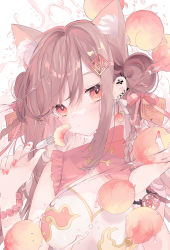 Rule 34 | 1girl, animal ear fluff, animal ears, blush, bow, breasts, brown hair, cat ears, china dress, chinese clothes, cleavage, cleavage cutout, closed mouth, clothing cutout, commentary request, double bun, dress, food, fork, fruit, hair between eyes, hair bow, hair bun, hair ornament, hairclip, hands up, highres, holding, holding food, holding fork, long hair, medium breasts, nail polish, original, peach, peach slice, red bow, red eyes, red nails, sakurato remi, sleeveless, sleeveless dress, solo, water, white background, white dress