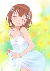 Rule 34 | 1girl, ^ ^, amami haruka, bare back, bare shoulders, blush, brown hair, closed eyes, clothes lift, dress, dress lift, closed eyes, hair ornament, head tilt, idolmaster, idolmaster (classic), inoue sora, jpeg artifacts, leaning forward, looking at viewer, nail polish, see-through silhouette, smile, solo, sundress, white dress