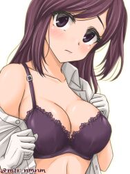 Rule 34 | 1girl, ahoge, blush, bra, breasts, collarbone, embarrassed, gloves, hagikaze (kancolle), kantai collection, long hair, looking at viewer, mattari numenume, medium breasts, one side up, open clothes, open shirt, purple bra, purple hair, school uniform, shirt, short sleeves, simple background, solo, twitter username, underwear, upper body, white background, white gloves, white shirt