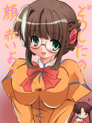 Rule 34 | 00s, 2girls, :d, blunt bangs, bow, bowtie, breasts, breasts squeezed together, brown hair, doughnut hair bun, fujisawa yayoi, fujisawa yayoi (uchuu no stellvia), green eyes, hair bun, juliet sleeves, large breasts, long sleeves, looking at viewer, multicolored hair, multiple girls, open mouth, orange shirt, parted bangs, puffy long sleeves, puffy sleeves, red bow, red bowtie, rikuto, shirt, smile, solo focus, streaked hair, twintails, uchuu no stellvia, white hair