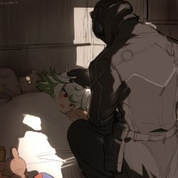 Rule 34 | 1boy, 1girl, :d, bed sheet, black gloves, black pants, blush, bondrewd, gloves, green hair, hand on another&#039;s head, headpat, helmet, indoors, long sleeves, lying, made in abyss, meinya (made in abyss), multicolored hair, on bed, on side, open mouth, pants, prushka, red eyes, shadow, short hair, smile, squatting, streaked hair, stuffed animal, stuffed rabbit, stuffed toy, suurin (ksyaro), teddy bear, under covers, white hair