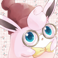 Rule 34 | :o, asakirirokuyu, beanie, blue eyes, bow, bowtie, commentary request, creatures (company), floral background, flower, game freak, gen 1 pokemon, glasses, hat, highres, looking at viewer, nintendo, no humans, open mouth, pink background, pokemon, pokemon (creature), pokemon unite, pom pom (clothes), red flower, red hat, round eyewear, simple background, solo, wigglytuff, wigglytuff (bonfire), yellow bow, yellow bowtie