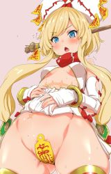 Rule 34 | 10s, 1girl, ^^^, blonde hair, blue eyes, blush, bottomless, bow, bracelet, breasts, clearite, clothes lift, covered erect nipples, detached sleeves, hair bow, jewelry, large bow, last period, long hair, looking down, maebari, open mouth, scar, scar on stomach, shiny skin, simple background, skirt, skirt lift, small breasts, solo, sweat, talisman, thighhighs, twintails, uuryuu (last period)