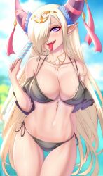 Rule 34 | 1girl, anisdrawn, asymmetrical horns, bare shoulders, bikini, black bikini, blonde hair, breasts, cleavage, cowboy shot, dragon girl, fangs, fire emblem, fire emblem engage, food, hair ornament, hair over one eye, highres, horns, jewelry, large breasts, long hair, looking at viewer, mature female, necklace, nintendo, ocean, open mouth, outdoors, pointy ears, popsicle, purple eyes, sky, smile, solo, swimsuit, tan, tassel, tassel hair ornament, tongue, tongue out, uneven horns, very long hair, zephia (fire emblem)