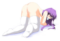 Rule 34 | 00s, 1girl, all fours, clannad, condom, condom in mouth, condom wrapper, fujibayashi kyou, kugui kiyunemu, mouth hold, nude, pussy, pussy juice, solo, thighhighs, uncensored