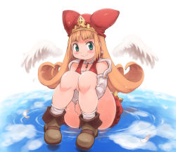 Rule 34 | 1girl, blush, breasts, brown hair, curly hair, earrings, full body, green eyes, hat, jewelry, little princess, long hair, looking at viewer, marl kingdom, medium breasts, official style, plump, princess kururu, puppet princess (marl kingdom), rhapsody, shoes, sitting, smile, socks, solo, wide hips, yu 3