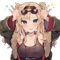 Rule 34 | 1girl, :d, bad id, bad twitter id, blonde hair, blue eyes, breasts, cleavage, closed mouth, copyright request, eyewear on head, fur trim, green jacket, hands up, ikeuchi tanuma, jacket, large breasts, long sleeves, looking at viewer, open clothes, open jacket, open mouth, smile, solo, star (symbol), sunglasses, twintails, twitter username, white background, zeta (dark) (granblue fantasy), zeta (granblue fantasy)