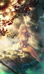 Rule 34 | 1girl, arm tattoo, barefoot, blurry, blurry foreground, bug, butterfly, caustics, dress, fantasy, grey eyes, head wings, insect, light, light rays, log, long hair, looking at viewer, original, parted lips, saeldam, sitting, solo, sunbeam, sunlight, tattoo, water, white dress, white hair, white wings, wings
