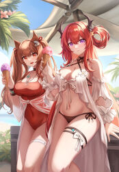 Rule 34 | 2girls, :d, absurdres, angelina (arknights), angelina (summer flower) (arknights), animal ears, arknights, bare shoulders, bikini, black bikini, black choker, blush, breasts, brown hair, choker, cleavage, covered navel, detached sleeves, gongbangmanchi (daisy cutter), hair ornament, highres, holding, holding ice cream cone, horns, ice cream cone, jewelry, large breasts, long hair, long sleeves, multiple girls, navel, necklace, official alternate costume, one-piece swimsuit, open mouth, orange eyes, outdoors, parted lips, purple eyes, red hair, red one-piece swimsuit, revision, side-tie bikini bottom, smile, star (symbol), star hair ornament, surtr (arknights), surtr (colorful wonderland) (arknights), swimsuit, thigh strap, thighs, twintails