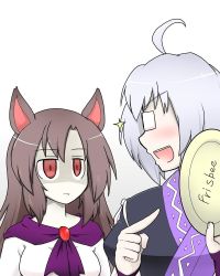Rule 34 | 1boy, 1girl, ahoge, animal ears, blush, brown hair, empty eyes, fang, frisbee, futa (nabezoko), glasses, holding, imaizumi kagerou, jitome, long hair, morichika rinnosuke, open mouth, pale skin, pointing, red eyes, shaded face, silver hair, smile, sparkle, touhou, wolf ears