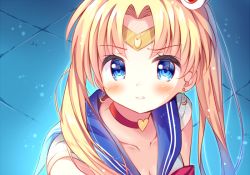 Rule 34 | 1girl, bad id, bad pixiv id, bishoujo senshi sailor moon, bishoujo senshi sailor moon s, blonde hair, blue eyes, blue sailor collar, blush, breasts, choker, circlet, cleavage, collarbone, commentary request, crescent, crescent earrings, derivative work, earrings, hair ornament, heart, heart choker, jewelry, long hair, meme, parted bangs, parted lips, red choker, sailor collar, sailor moon, sailor moon redraw challenge (meme), sailor senshi uniform, screenshot redraw, shirt, sleeveless, sleeveless shirt, solo, suzukawa yui, tsukino usagi, twintails, upper body, white shirt