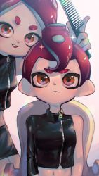 Rule 34 | 2girls, :&lt;, :d, agent 8 (splatoon), arm up, asymmetrical clothes, bad id, bad twitter id, black shirt, black skirt, blouse, breasts, brown background, brown eyes, chair, closed mouth, comb, commentary request, crop top, cross-eyed, dark-skinned female, dark skin, eyebrows, furrowed brow, highres, holding, holding comb, kashu (hizake), long hair, long sleeves, looking at viewer, looking up, midriff, miniskirt, monster girl, multiple girls, navel, nintendo, octoling, octoling girl, octoling player character, open mouth, red hair, shirt, short eyebrows, short hair, simple background, single bare arm, single bare shoulder, single sleeve, sitting, skirt, small breasts, smile, sparkle, splatoon (series), splatoon 2, splatoon 2: octo expansion, standing, suction cups, takozonesu, teeth, tentacle hair, thick eyebrows, zipper, zipper pull tab