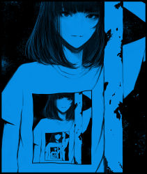 Rule 34 | 1girl, black background, black border, blue theme, blunt bangs, bob cut, border, commentary, english commentary, looking at viewer, monochrome, no nose, original, parted lips, recursion, shirt, short hair, smile, solo, upper body, wataboku